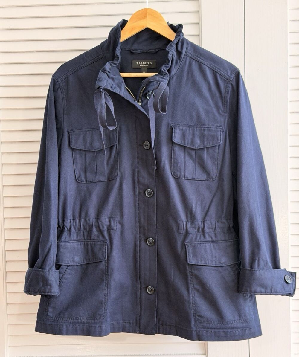 Talbots Plus Petite 1XP Navy Utility Field Jacket Ruffle Collar Drawstring